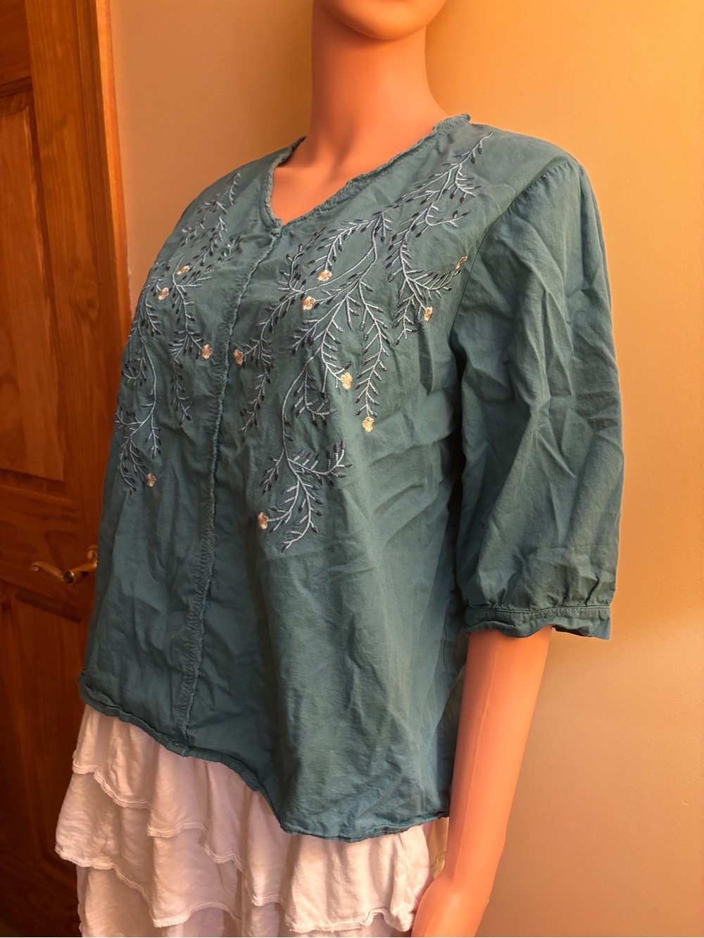 Vintage Teal Embroidered Women’s Blouse